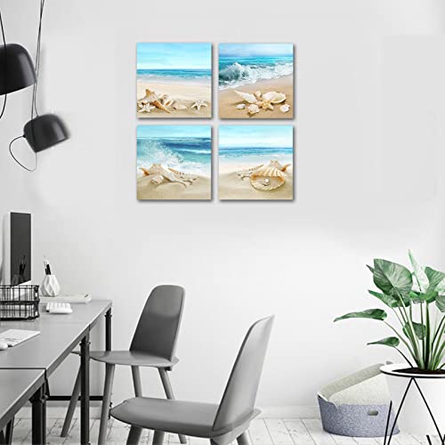 Beach Waves Wall Art Ocean Decor Sands Seashell Starfish Nature Pictures Blue Canvas Artwork Turquoise Wall Art for Bathroom Bedroom Living Room Office Kitchen Wall Decor 12" x 12" x 4 Pieces