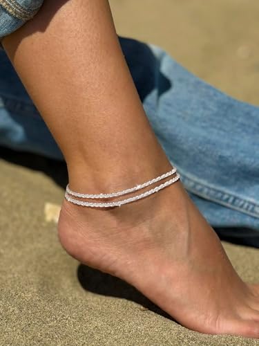 koperin Ankle Bracelets for Women, Silver Layered Glitter Waterproof Anklet for Women 14K Gold Plated Anklets Sterling Silver Layered Moon Pendant Anklet Summer Beach Waterproof Jewelry