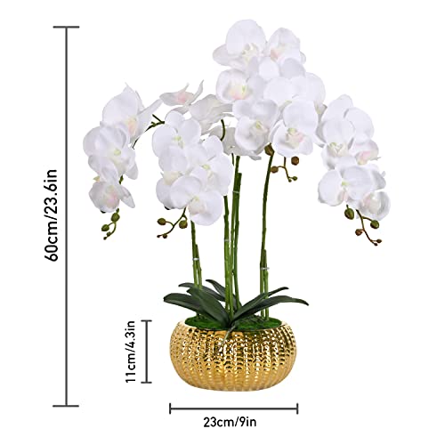 LIVILAN Artificial Flowers Fake Orchid Fake Plant White Orchid Silk Orchids Faux Orchid Plant Phalaenopsis Orchid Flower for Home Decor Kitchen Decoration Table centerpieces White with Gold vase
