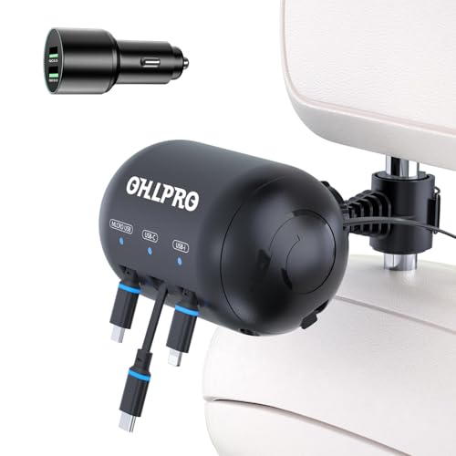 OHLPRO 3-in-1 Retractable Backseat Car Charging Station, 36W Fast Car Charger for All Phones (iPhone, Samsung), Ideal for Lyft, Turo, Uber, Taxi, Rideshare, Customer Charging Dock Attach to Headrest