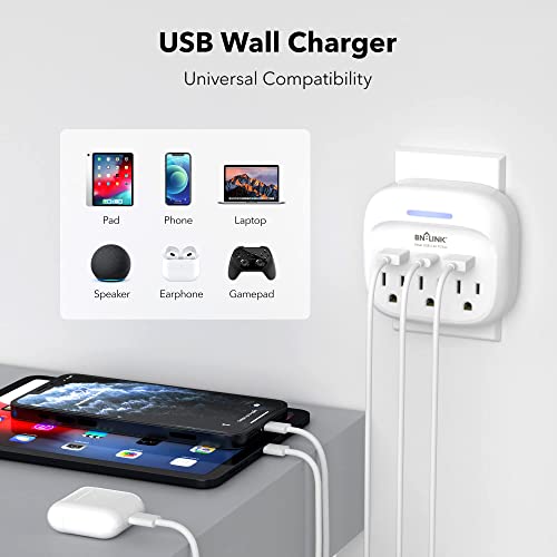 BN-LINK Multi Plug Outlet Extender with 3 Outlets and 3 USB Ports, 3 AC Outlet Splitter with 3 USB Ports (1 USB C), Wall Charger Adapter for Dorm, School, Travel, Office, Home, Travel, 1 Pack