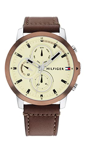 Tommy Hilfiger Men's Multifunction Stainless Steel Case and Leather Strap Watch, Color: Brown (Model: 1792053)