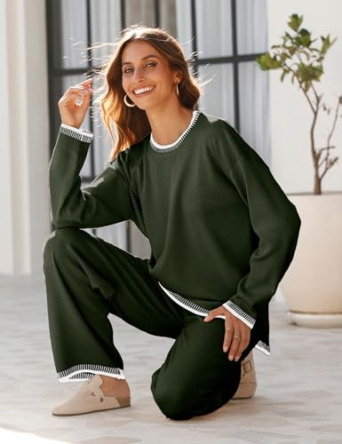 Tanming Women's Sweater Sets 2 Piece Outfits Knitted Pullover Jumper and Wide Leg Pants Tracksuit(ArmyGreen-XS)