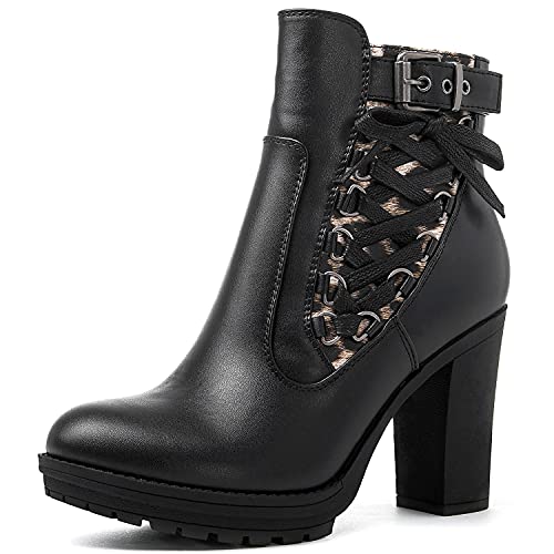 GLOBALWIN Black Platform Boots High Heel Chunky Boots For Women 5.5M