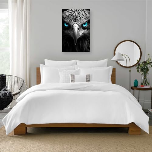CXHOSTENT Eagle Canvas Wall Art Animal Painting Print Black and White Eagle Blue Eyes Picture Animal Artwork Large Living Room Decor Frame (Eagle - 4, 12.00" x 18.00")