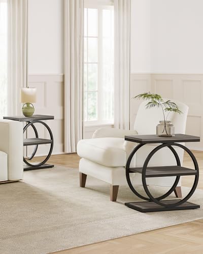 LITTLE TREE End Table, 3-Tier Side Table, Slim Sofa Side Table for Living Room, Tall Bedside Table Nightstand for Bedroom, Grey and Black