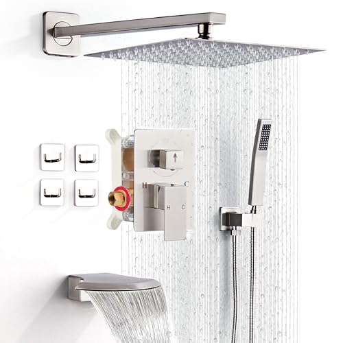LCEVCGK Shower System with Tub Spout, Shower Faucet Set Complete Wall Mounted for Bathroom with 10 Inch Rainfall Shower Head and Handheld Rain Shower Mixer Combo Kit, Brushed Nickel