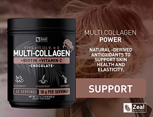 Premium Multi Collagen Peptides Protein Powder (1, 2, 3, 5 & 10) with Vitamin C, Biotin, Hyaluronic Acid, for Hair Skin and Nails - Marine, Bovine, Chicken & Eggshell (Unflavored, 45 Servings)