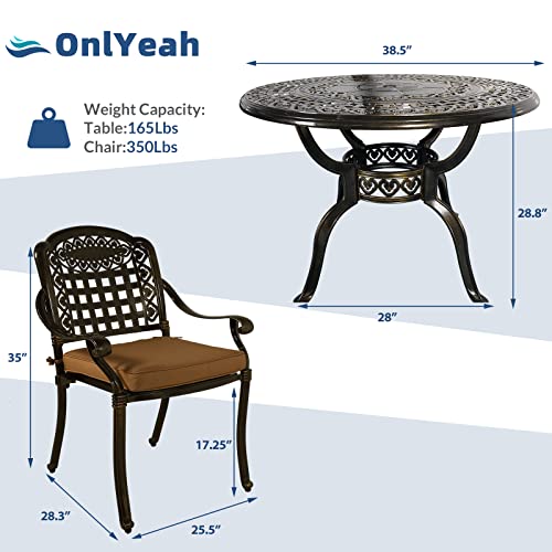 Onlyeah 5 Pieces Outdoor Furniture Dining Set, All-Weather Cast Aluminum Round Patio Table with Umbrella Hole and 4 Cushioned Dining Chairs for Patio Garden Deck, Retro Pattern Design