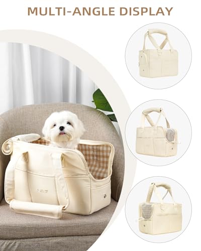 ONECUTE Dog Carrier for Small Dogs Rabbit cat with Large Pockets, Cotton Bag, Dog Carrier Soft Sided, Collapsible Travel Puppy Carrier (Beige, 13.6" L x 6.5" W x 10" H)