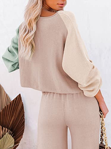 Pink Queen Women's 2 Piece Knit Outfit Cropped Sweater Top Wide Leg Long Pants Sweatsuits Pajama Set Green L