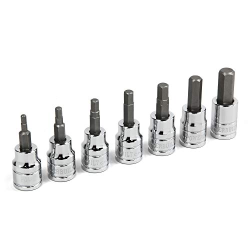 Powerbuilt 7 Piece 3/8 Inch Drive Metric Hex Bit Socket Set, Includes 3mm-8mm and 10mm, Hangable Storage Tool Holder - 648663