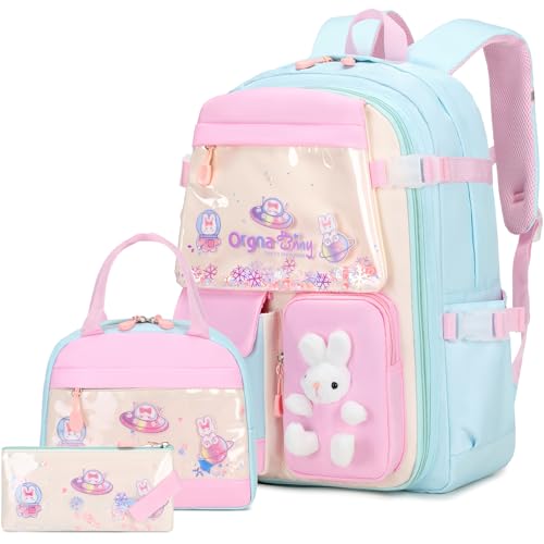 FIXITOK Girls Backpack Set, 3PCS Kids Backpack for Girls, Kawaii Bunny School Backpacks for Girls Kindergarten Elementary Preschool Middle School Bags with Lunch Box Pencil Case Aquamarine