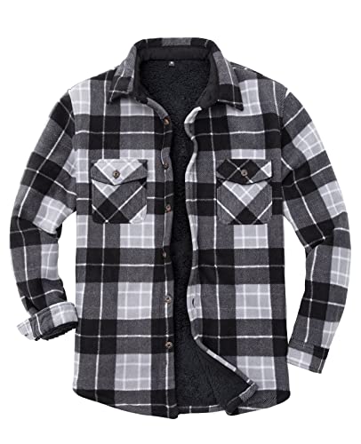 ThCreasa Mens Flannel Shacket Jacket Sherpa Lined Buffalo Plaid Warm Thick Flanelle Shirt Outdoor CPO Overshirt Redwood 3XL