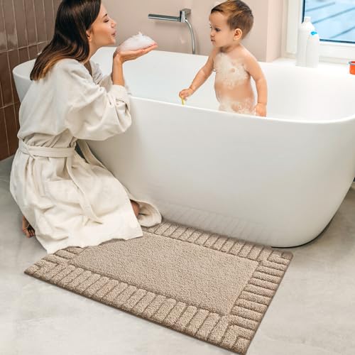 DEXI Bathroom Rugs 16"x24", Non Slip Bath Mats for Bathroom Floor, Ultra Soft and Absorbent Bath Rug Shower Carpet, Machine Washable, Beige