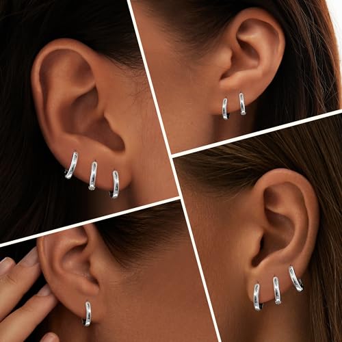 Gokeey Small Cartilage Hoop Earrings Set for Women,Cute Huggie helix hoop earring for Women,Hypoallergenic Silver Titanium Earring Sets for Multiple Piercing Jewelry Gift (THK 1.6MM)