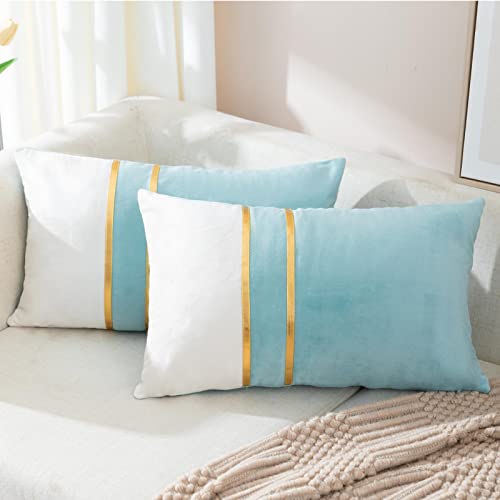 ZLINA Set of 2 Velvet Decorative Lumbar Pillow Covers Black White Patchwork with Gold Leather Pillow Covers 12 × 20 Inch Cushion Covers Decor Living Room Sofa Bedroom Car