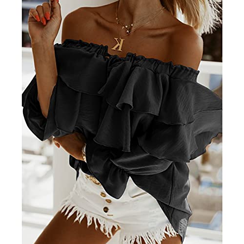 Byinns Women's Off Shoulder Ruffle Long Sleeve Blouses Casual Layered Tops Khaki