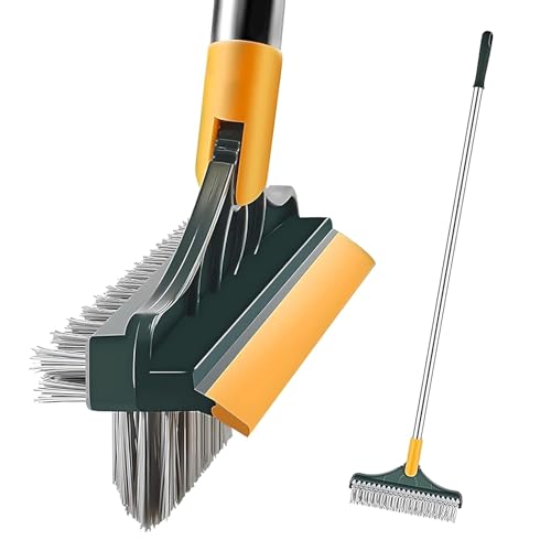 JIGA 2 Pack Floor Scrub Brush with Long Handle, 2 in 1 Scrape Brush Stiff Bristle Brush Scrubber, Cleaning Brush for Deck, Bathroom, Tub, Tile, Grout, Kitchen Floor, Patio, Garages, Gray
