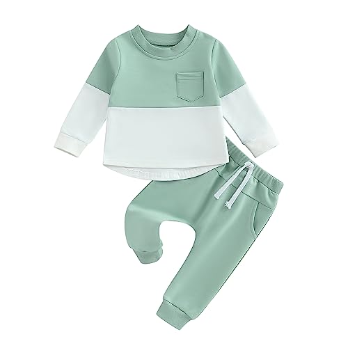 kacubwyy Toddler Baby Boy Outfits Long Sleeve Pocket Pull On Sweatshirt Solid Pants Infant Fall Winter Clothes Set