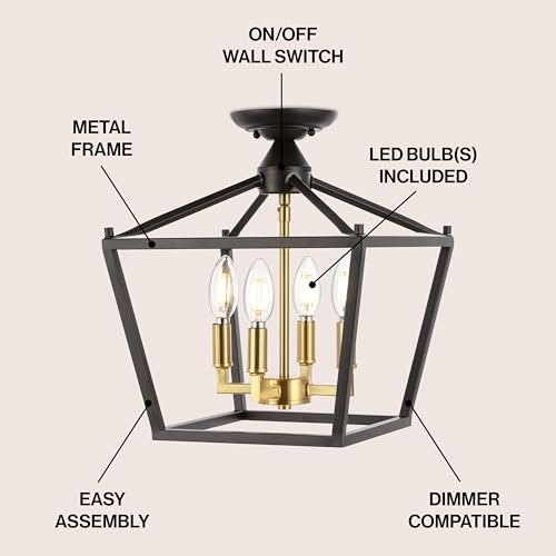 JONATHAN Y JYL7610G Plains Mini Lantern 12" 4-Light Iron Modern Farmhouse LED Flush Mount, Office, Living Room, Family Room, Dining Room, Bedroom, Hallway, Foyer, Oil Rubbed Bronze/Brass Gold