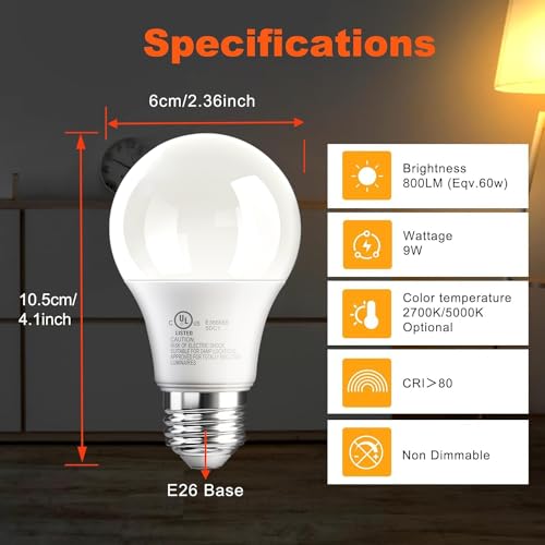 VOLIVO 12 Pack A19 LED Light Bulbs, Soft White 2700K, 9W(60 Watt Equivalent), 800 Lumens, 120V, E26 Standard Base, Non-Dimmable LED Bulb, UL Listed and FCC Certified, Energy Saving