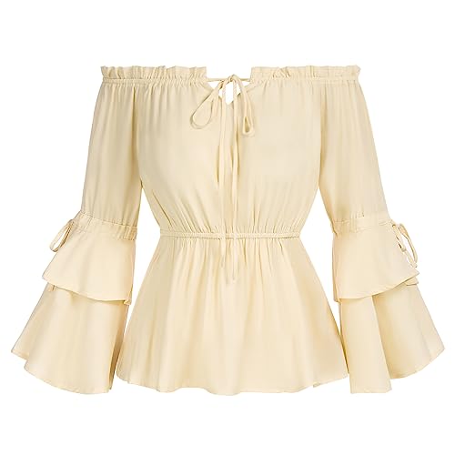 Womens Summer Tops Dressy Casual Bell Sleeve Renaissance Pirate Shirt Hide Tummy Peplum Blouse Apricot S