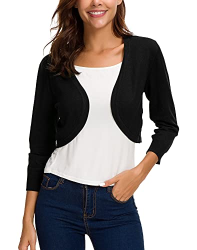 Women's Lightweight Knit Cropped Cardigan 3/4 Sleeve V-Neck Open Front Bolero Shrug for Dresses and Casual Wear (L, Apricot)