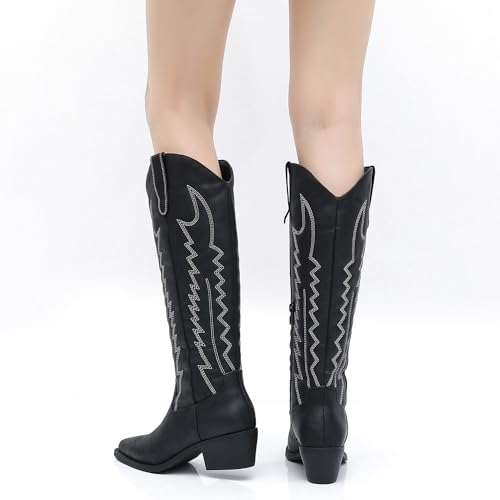 GLOBALWIN Women's White Lass Knee High Long Pointed Toe Boots Western Cowboy Cowgirl Boots Size 11M