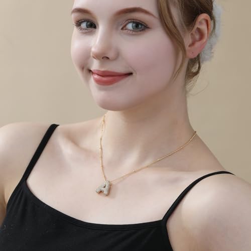Apsvo Bubble Letter Necklace Gold, Balloon Initial W Necklaces Rhinestone Puff Letter Pendant Chunky Alphabet Necklace for Women