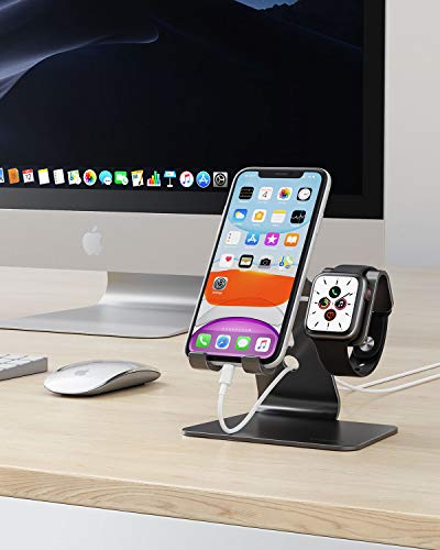 OMOTON Stand for Apple Watch - 2 in 1 Universal Desktop Stand Holder (Not Include Charger) for All iPhone 16 15 14 13 12 and Apple Watch Series 9/8/SE2/7/6/SE/5/4/3/2 (Both 38/40/41/42/44/45mm)-Black