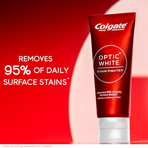 Colgate Optic White Stain Fighter Whitening Toothpaste, Clean Mint Flavor, Safely Removes Surface Stains, Enamel-Safe for Daily Use, Teeth Whitening Toothpaste with Fluoride, 4.2 Oz Tube