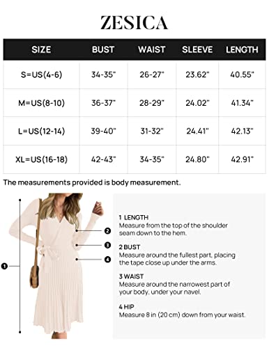 ZESICA Women's 2024 Fall Long Sleeve Wrap V Neck Ribbed Knit Pleated A Line Pullover Sweater Dress with Belt,Maple,Large