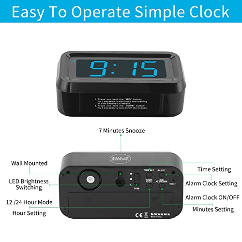 KWANWA Alarm Clock, Digital Clock, Constantly 1.2'' LED Blue Digits Display, Battery Powered, Snooze, Small Wall Clock, Desk Clock, Clock for Bedroom, Alarm Clock for Heavy Sleepers