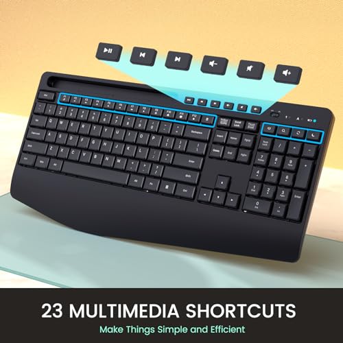 Wireless Keyboard and Mouse Combo,LIZRROT Ergonomic Computer Keyboard with Wrist Rest,2.4GHz Full-Sized Silent Mouse and Keyboard Combo with Phone Holder for Window, PC, Laptop