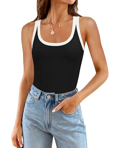 ZESICA Women's 2024 Summer Ribbed Color Block Tank Tops Casual Knit Scoop Neck Sleeveless Shirts Blue S