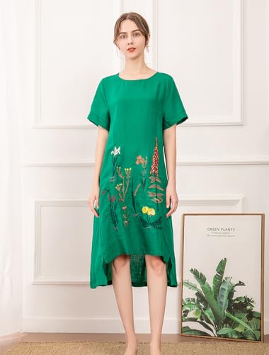 Minibee Women's Embroidered Linen Dress Summer A-Line Sundress Hi Low Tunic Clothing Green M
