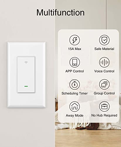 GHome Smart Switch, 2.4Ghz Wi-Fi Light Switch Compatible with Alexa, Google Home, Neutral Wire Required, Single-Pole,UL Certified,Voice Control and Timer, No Hub Required,1 Pack, White (SW5)