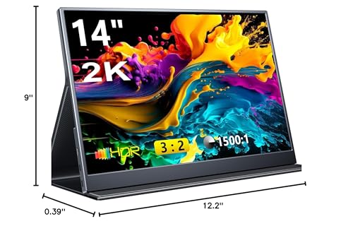 Pornitor Portable Monitor, 14 inch 3:2 QHD IPS Laptop Monitor, Dual USB C HDMI Laptop Screen Extender, 2160*1440P Gaming Display with 2 Speakers, Travel Monitor for Laptop PS4/5 PC Phone Xbox Switch