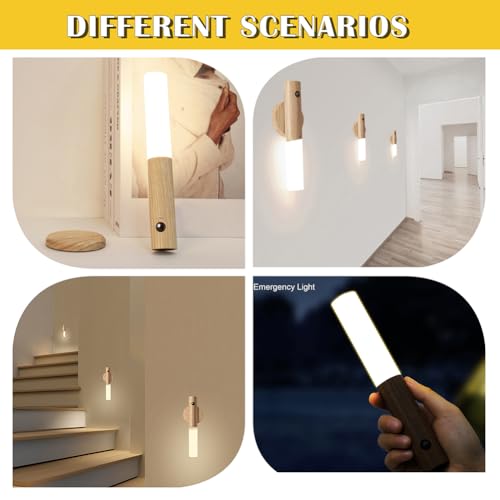 LANDGOO Motion Sensor Night Lights Magnet Body Sensor Hallway, Rechargeable Led Light Portable Stairway, Wooden Wall Sconce Battery Powered Cabinet Lights(Walnut Wood 1PC)