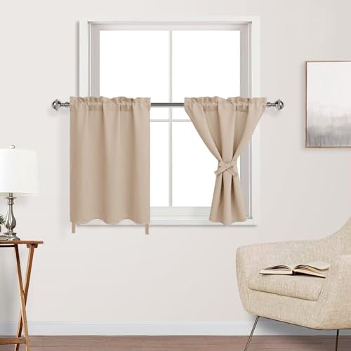 DWCN Short Curtains for Small Window, Kitchen Curtains 24 Inch Length, Bedroom Curtains Solid Light Block Blinds for Basement, Rod Pocket Tier Curtains - W52 x L24, Silver Grey, 2 Pieces