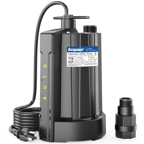 Acquaer 1/6 HP Automatic Submersible Water Pump, 115V Sump Pump with 3/4” Garden Hose Check Valve Adapter,1850 GPH High Flow Water Removal for Swimming Pool Cover Hot Tubs Flooded House Basement
