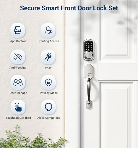 Veise Smart Front Door Lock Set, App Control, Keyless Entry Deadbolt with Lever Handle, Electronic Digital Touchscreen Keypad, Auto Lock, Easy Install, Satin Nickel