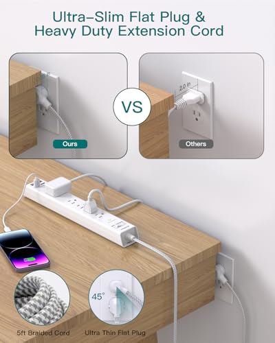 2 Pack Surge Protector Power Strip - 5 Widely Spaced Outlets 4 USB Ports, 5Ft Extension Cord, Flat Plug, Wall Mount Outlet Extender, Desk Charging Station for Home Office College Dorm Room Essentials