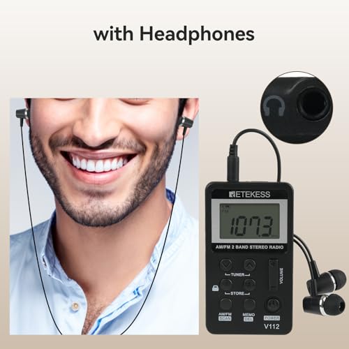 Retekess V112 AM FM Pocket Radio, Digital Radio with Earphone, Rechargeable Battery Radio with LCD Display for Walking, Jogging, Training(Black)