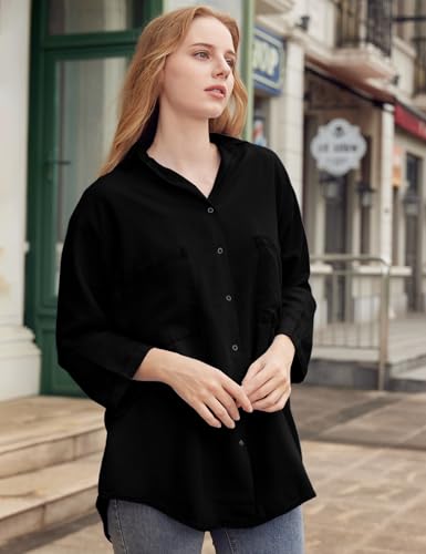 Yimoon Womens Denim Shirt Chambray Blue Button Down Jean Shirt Denim Tops Soft Tencel Casual 3/4 Sleeve Jacket(Black-S)