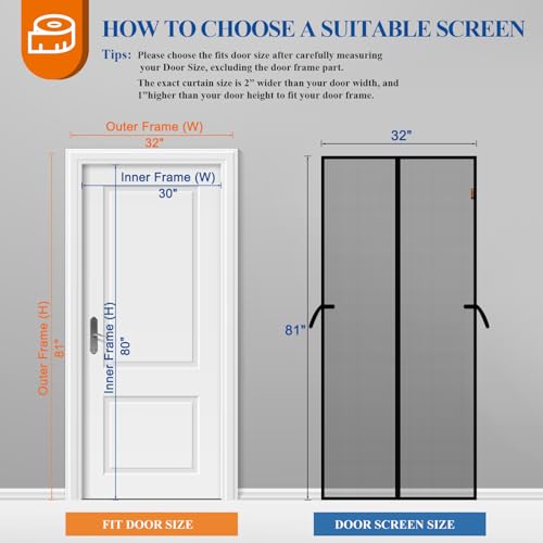 MAGZO Magnetic Screen Door, Fits Door Size 72'' x 80'', Center Opening, Upgraded Polyester with Strengthened Magnets, Auto-Close, Temporary Mesh for Sliding Glass Patio/French/Double/Large Doors, Grey