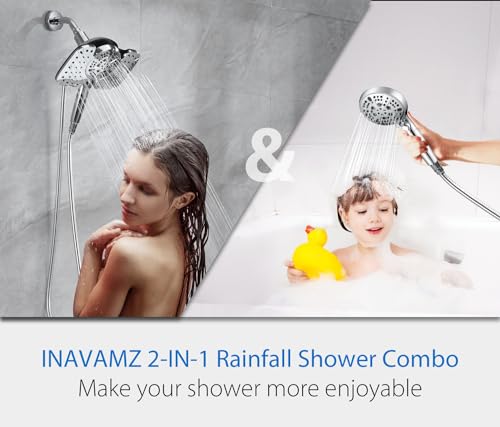 INAVAMZ 2-IN-1 Shower Heads with Handheld Spray Combo: 7.5 Inch Rain Shower Head & 10 Settings Hand Held Shower Head, Detachable Shower Head with Hose