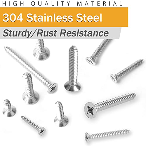 VIGRUE 450Pcs Stainless Steel Wood Screws Set #4#6#8#10#12 Phillips Flat Head Sheet Metal Screw Self Tapping Screws Assortment Kit, Length 1/4" to 2"