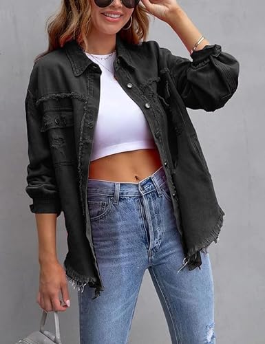 Omoone Women's Ripped Distressed Denim Jacket Casual Long Sleeve Boyfriend Jean Coat Basic Trucker Jackets (3536-Red-S)